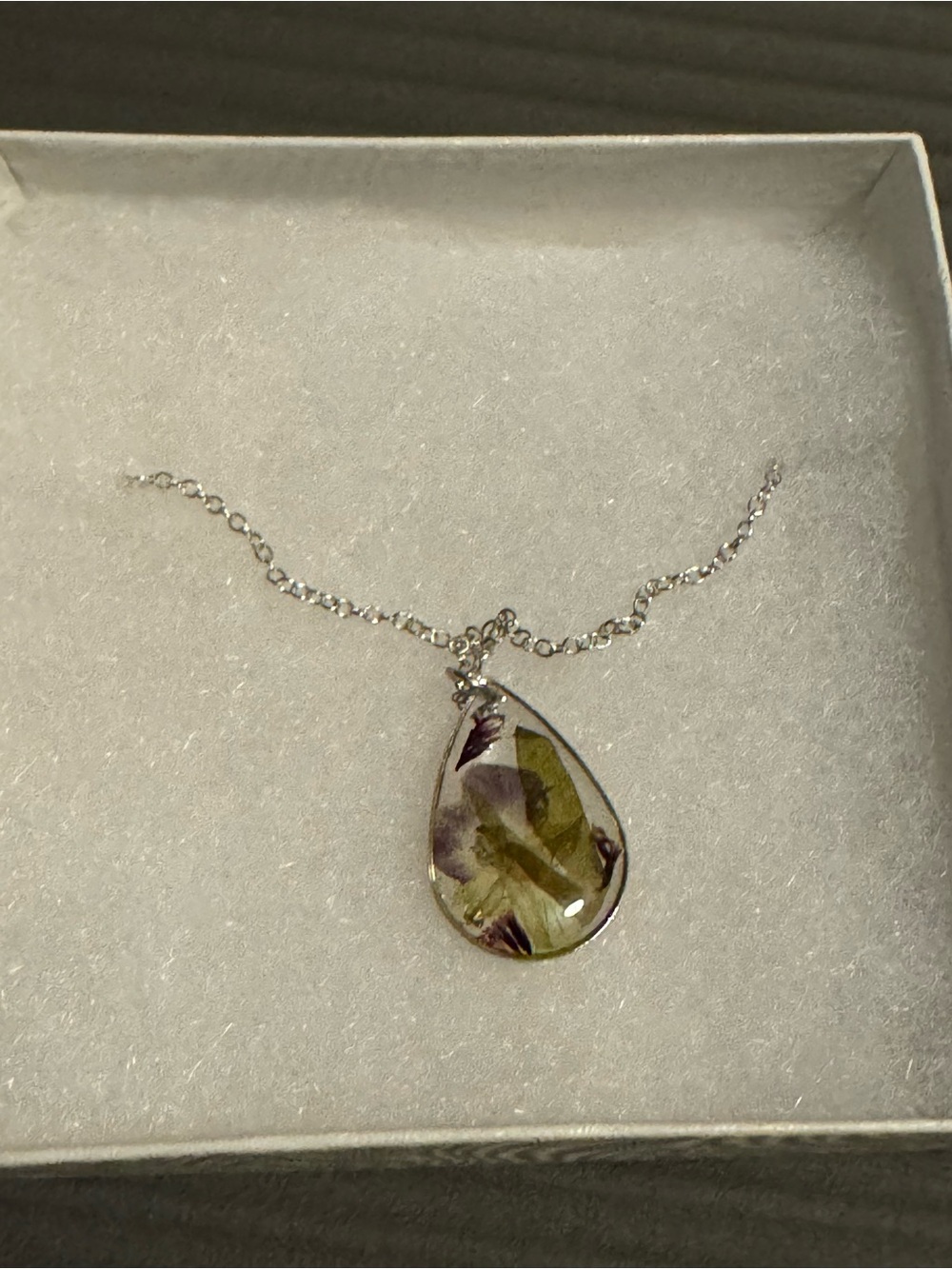 Teardrop Floral Resin Pendant Necklace - Purple & Green - Picture 2 of 6